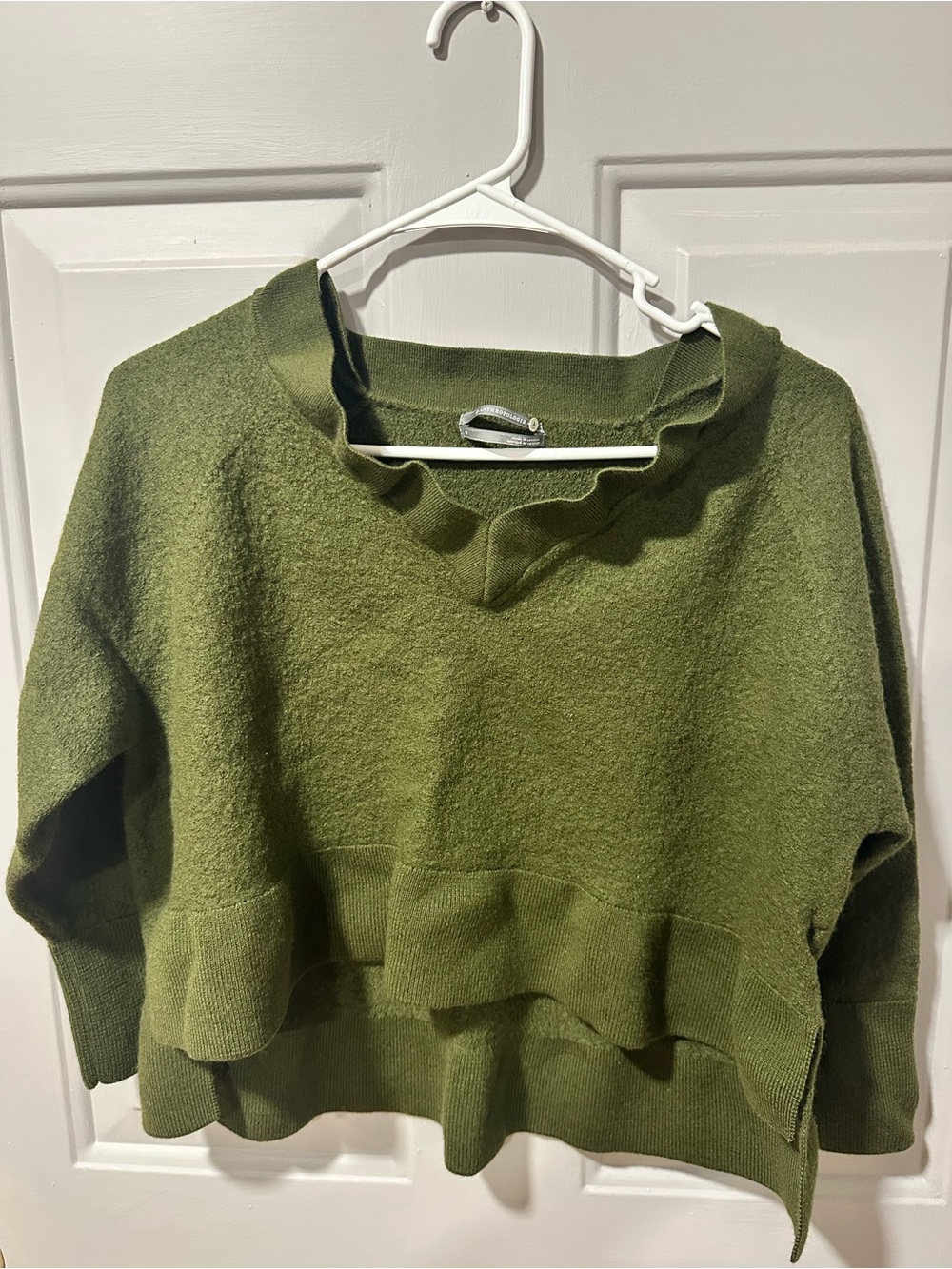 Anthropologie Olive Green V-Neck Cascade Hem Sweater